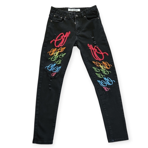 OFF-WHITE X Murder Bravado Colorful Embroidered Logo Black Denim Skinny Mens 28 - Picture 1 of 13